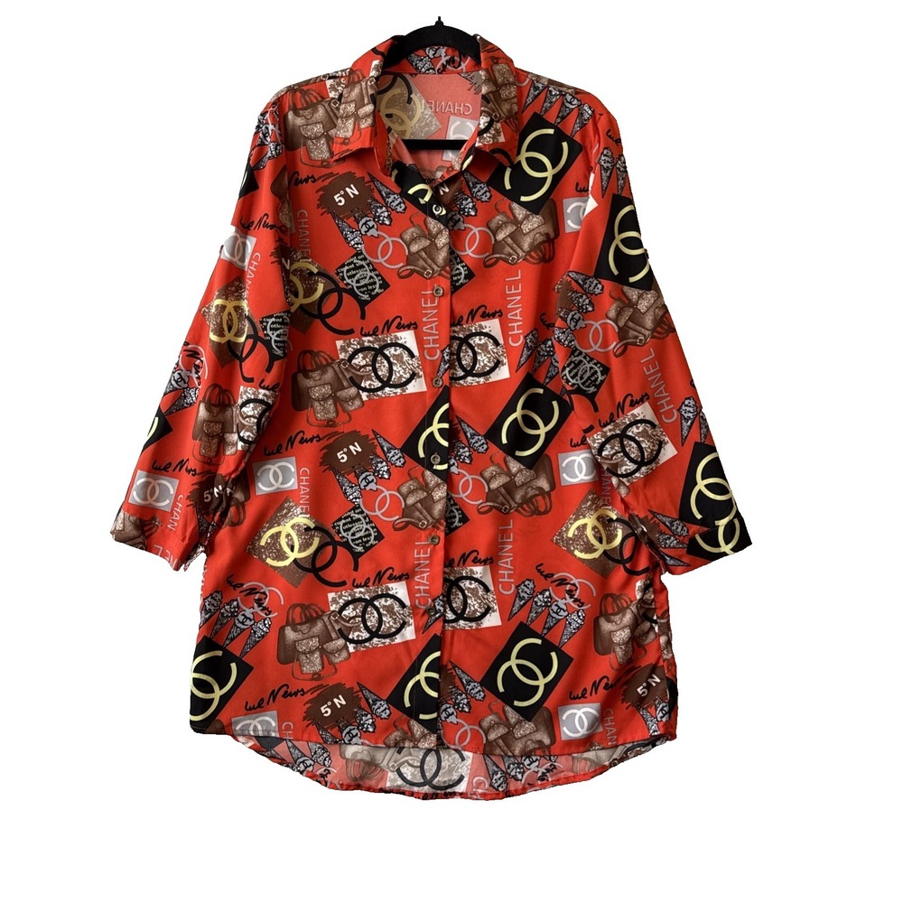 Maximalist Retro 80s 90s Novelty Logo Print Button Up Tunic Red Top M Streetwear